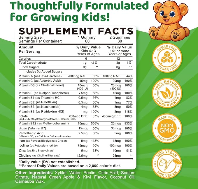 Iron Supplement Gummies for Kids, Kids Multivitamin with Iron Gummies - Zinc, Vitamin B Complex, A, C, D3, B12, Folate for Blood Builder & Energy Support, Vegan Sugar Free Green Apple & Kiwi 60ct