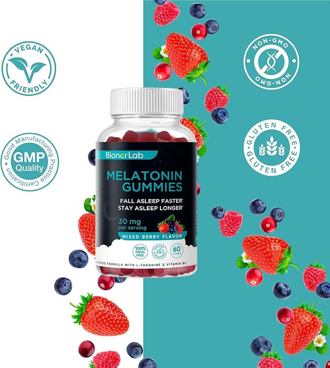 BionerLab Melatonin Gummies (30mg) Enhanced with L-theanine & Vitamin B6 for Adult Women Men - Extra Strength Chewables Calm Gummy - Gluten Free