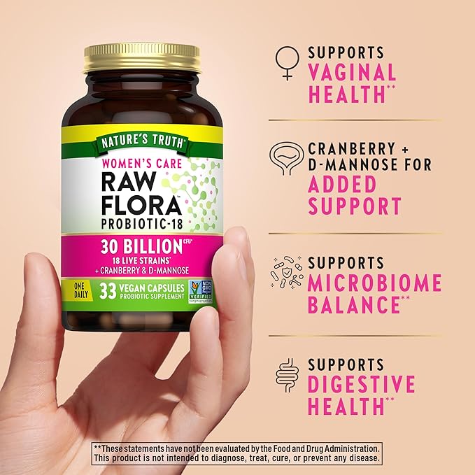 Raw Flora Probiotics for Women | 30 Billion CFU | 33 Capsules | with Cranberry and D-Mannose | Vegan, Non-GMO & Gluten Free Supplement