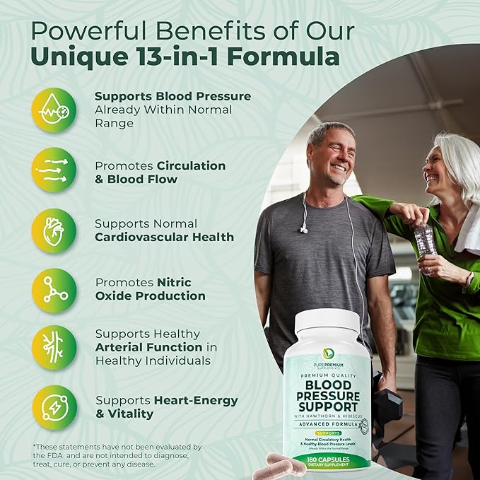 PurePremium Blood Pressure Supplements with Hawthorn Berry, Hibiscus, Garlic & Vitamin B12- Nitric Oxide Supplement for Normal Heart Health, Circulation Health & Blood Pressure Support - 180ct