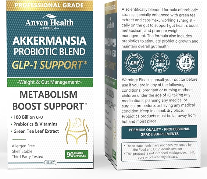 GLP-1 Supplement 100 Billion Akkermansia Probiotic & Prebiotic for Gut Health & Digestion, Metabolism & Energy Support with Vitamin B2 & D, Green Tea and Chromium - Non-GMO | 270 Capsules