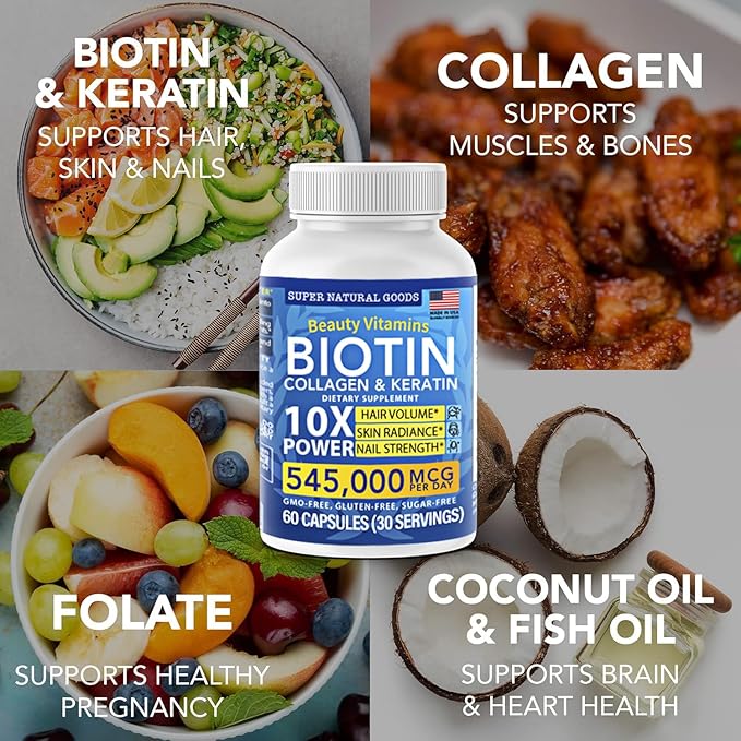 Biotin and Collagen Vitamins + Keratin with Folate - Hair Loss Treatments for Women & Men - Follicle, Skin and Nails Supplements for Hair Growth & Postpartum Support - GMO Free & Gluten Free (60 Caps)