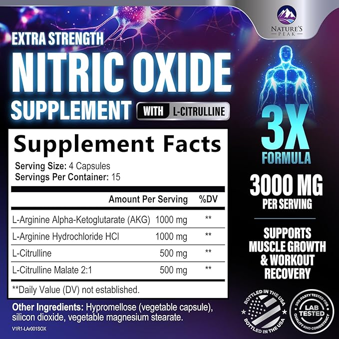 Extra Strength Nitric Oxide Booster - 3X Strength L-Arginine, Citrulline, & Beta Alanine - Premium Nitric Booster Natural Energy, Muscle & Heart Support, Bottled in USA for Men & Women - 60 Capsules