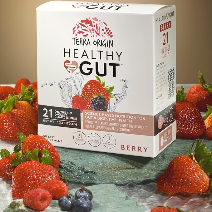 TERRA ORIGIN Healthy Gut Stick Packs, L-Glutamine, Slippery Elm, Aloe Vera, Licorice Root Extract, Gut Health, Digestive Support, Leaky Gut Repair, Immune Function, On-The-Go, 21 Ct, Berry