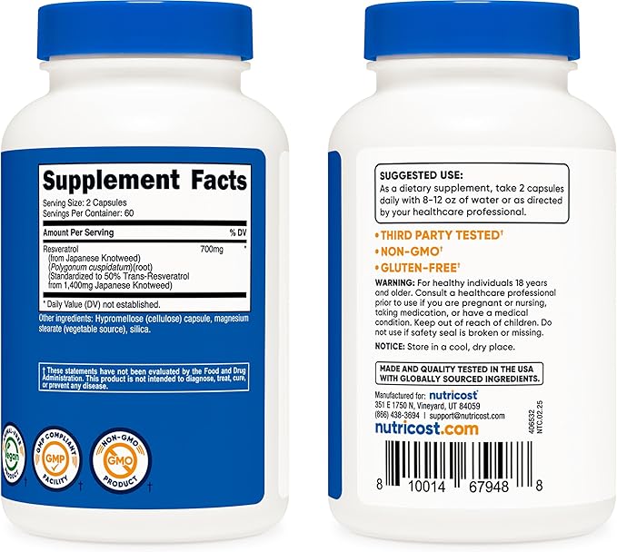 Nutricost Resveratrol 700mg; 120 Vegetable Capsules - 50% Trans-Resveratrol (3 Bottles)