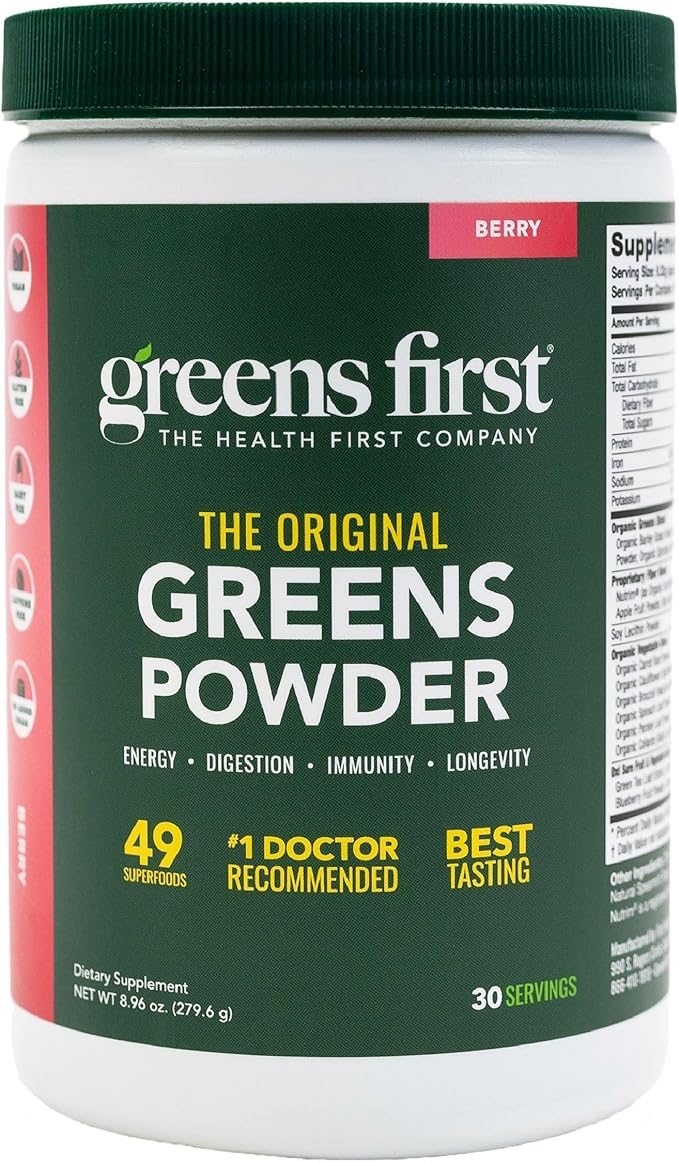 Greens First Original Greens Powder - 49 Superfoods - Organic Fruits & Veggies - Prebiotics, Probiotics & Digestive Enzymes - Antioxidant Smoothie - Dairy Free, Vegan & Non-GMO - Berry - 30 Servings