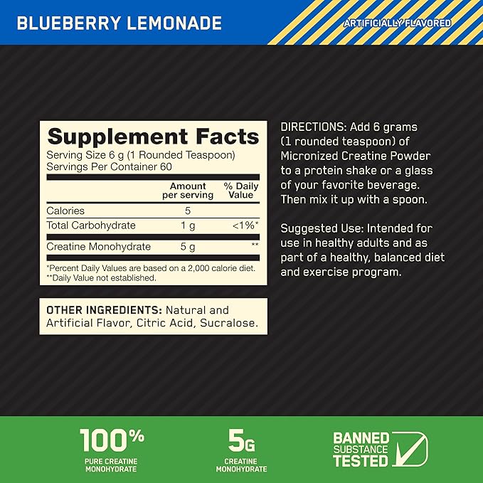 Optimum Nutrition Micronized Creatine Monohydrate Powder, Blueberry Lemonade Creatine, 60 Servings, 360 Grams (Packaging May Vary) (Pack of 6)