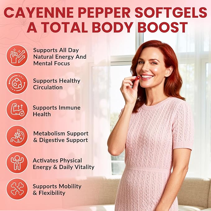 Cayenne Pepper Softgels Supplement, Cayenne Pepper Capsules with VitaminD3+K2,Berberine, Q10, Omega-3, Turmeric, Hawthorn, Beetroot, Supports Leg Vein, Digestive & Heart Vessel Health, 240 Softgels