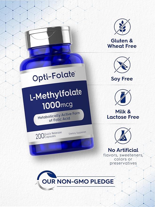Carlyle L Methylfolate 1000mcg | 200 Capsules | Value Size | Optimized and Activated | Non-GMO, Gluten Free | Methyl Folate, 5-MTHF | by Opti-Folate