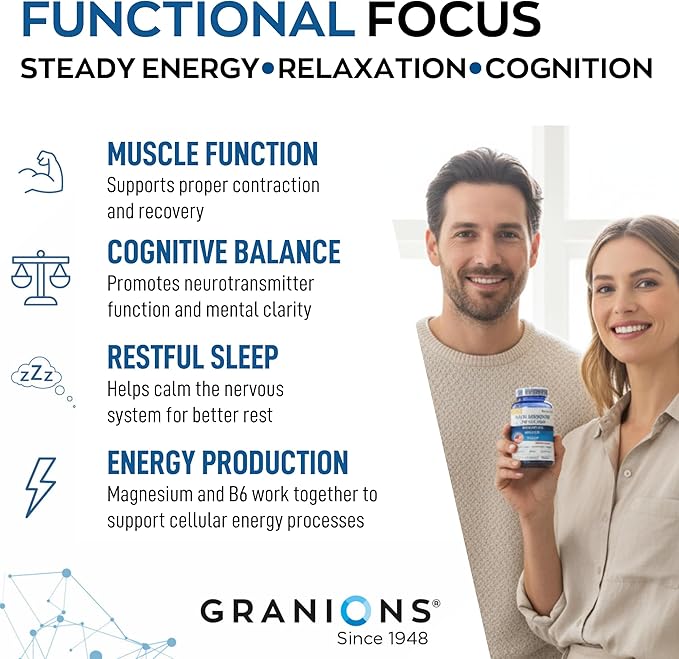 Granions Triple Magnesium Complex + Vitamin B6-420mg Elemental Magnesium Gylcinate Citrate Oxide - Made in USA - Muscle, Nerves, Calm, Sleep 100% DV Supplement for Women and Men - 120 Tablets