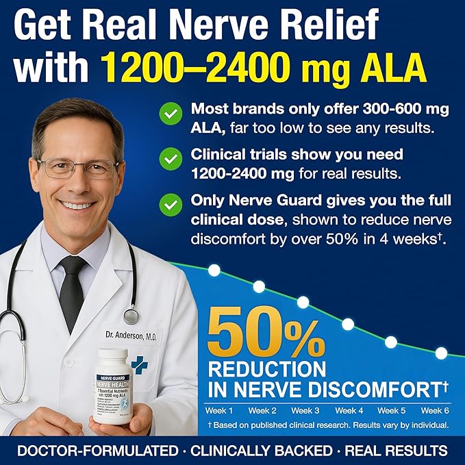 Neuropathy Support Supplement with 1200 mg Alpha Lipoic Acid to Fortify Nerves in Fingers Hands Toes & Feet – 1200mg ALA, Vitamins B12 B6 & B1, Magnesium – 30 Capsules