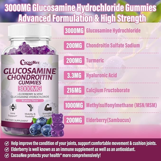 2 Packs 3000MG Glucosamine Chondroitin Gummies, Extra Strength Joint Support Supplement with MSM & Elderberry, Flexibility, Antioxidant Immune Support Gummy for Adults, Men & Women 120Cts