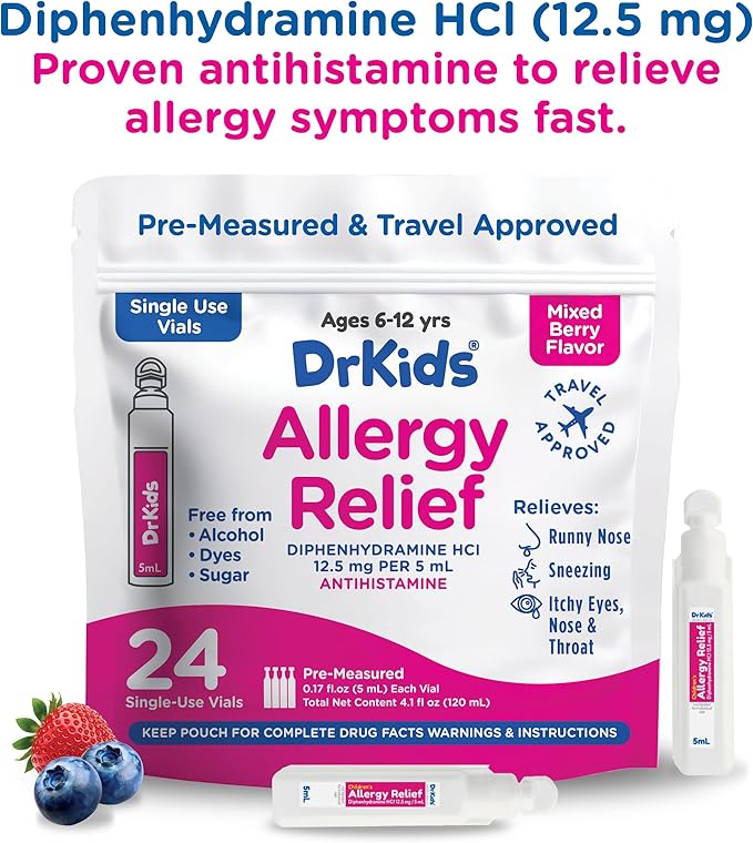 Dr. Kids Children's Allergy Relief Medicine with Diphenhydramine HCl 12.5 mg - Pre-Measured Single-Use Vials, Kids Antihistamine for Sneezing, Runny Nose & Itchy Eyes, Mixed Berry Flavor, 24 Count