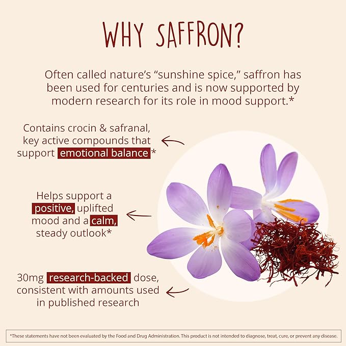 Joy-Filled with Saffron Mood Support Supplement — Daily Mood Support with 30mg Extract + Ashwagandha, Rhodiola, St. John's Wort, Lemon Balm | Saffron Supplements for Emotional Support, Vegan, 30 Ct
