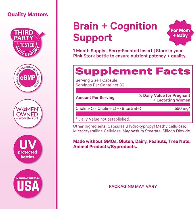 Pink Stork Choline - 550 mg Choline Bitartrate from VitaCholine for Pregnant + Postpartum Moms - Prenatal Vitamin for Fetal Cognitive Health + Breast Milk Quality - 1 Capsule Daily, 30 Count