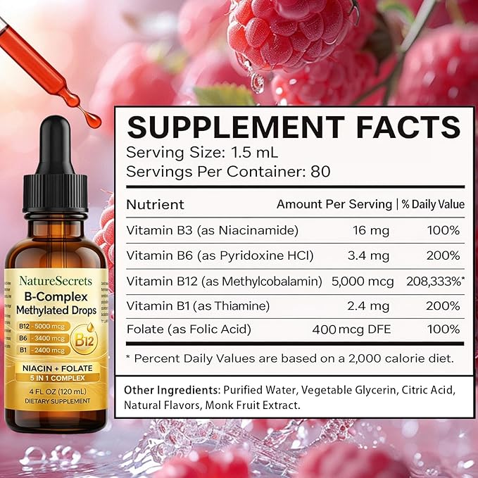 NATURESECRETS B-Complex Methylated Drops, with B12 B6 B1, Fast Sublingual Absorption, Essential B Vitamins for Energy & Nervous System Support, Raspberry Flavor, 120 mL / 4 fl oz