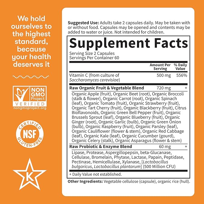 Garden of Life Vitamin Code Raw Vitamin-C, 500mg Whole Food VIT-C Capsules + Fruit & Veggie Blend & Probiotics, Supplements for Adults, Vegan, Gluten Free, 120 Capsules, (Pack of 6)