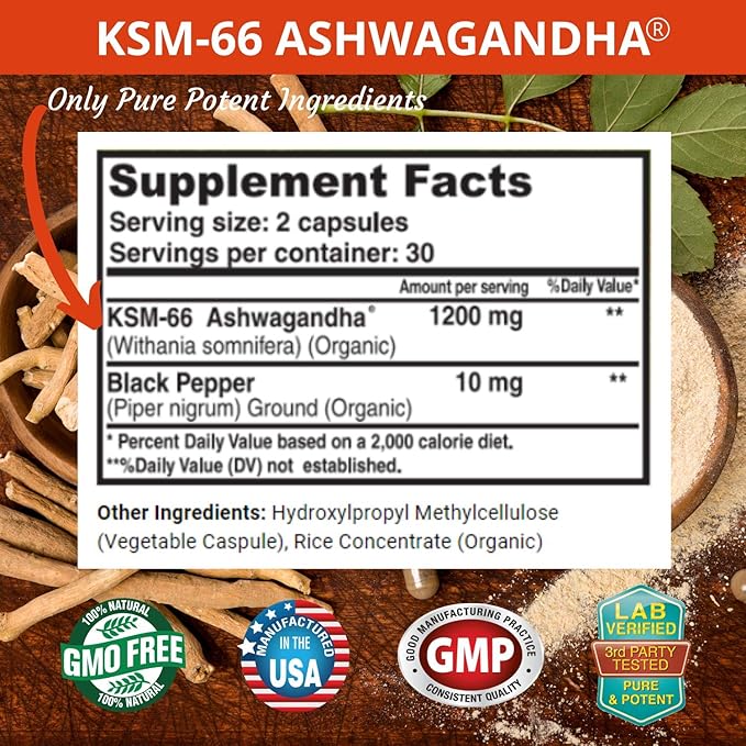 FRESH HEALTHCARE Ashwagandha Capsules KSM-66 1200mg Pure Root Extract with Black Pepper for High Absorption - Potent Ashwagandha Supplement - 60 Vegan Capsules