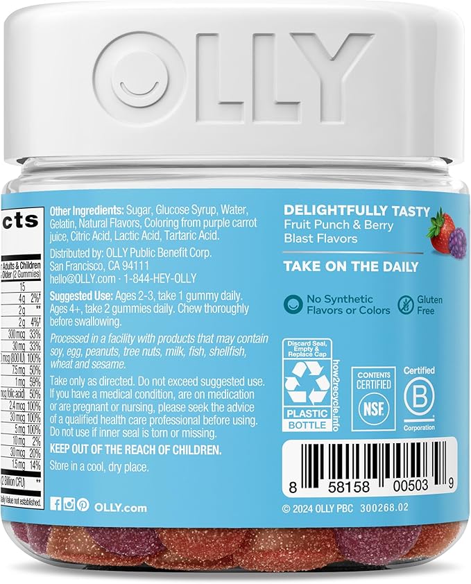 OLLY Kids Multivitamin & Probiotic Gummy, Digestive Support, Vitamins A, D, C, E, B, Zinc, Chewable Supplement, Berry Flavored, 35 Day Supply - 70 Count