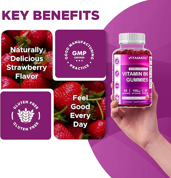 Vitamatic Vitamin B6 100mg - Berry Flavor - 60 Pectin Based Gummies - Supports Nervous System