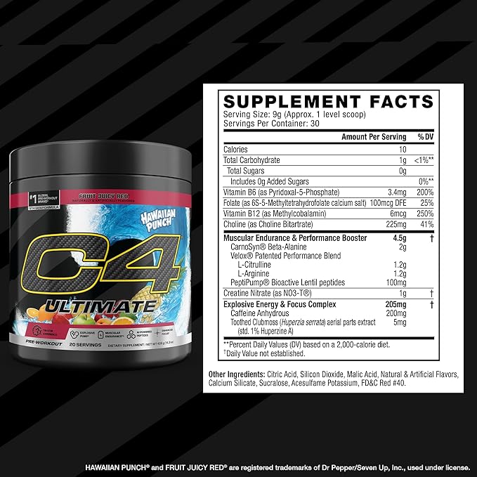 C4 Ultimate Pre Workout Powder - Sugar Free Preworkout Energy Supplement for Men & Women - 300mg Caffeine + TeaCrine + Dynamine + Creatine - Hawaiian Punch Fruit Juicy Red, 20 Servings