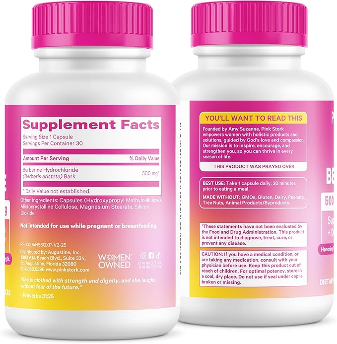 Pink Stork Berberine 500mg - Nature's GLP-1 Supplement - Daily AMPK Metabolic Activator - 500-1000 mg Metabolism + Gut Health for Women | Third-Party Tested | Vegan | Non-GMO| 30 Capsules