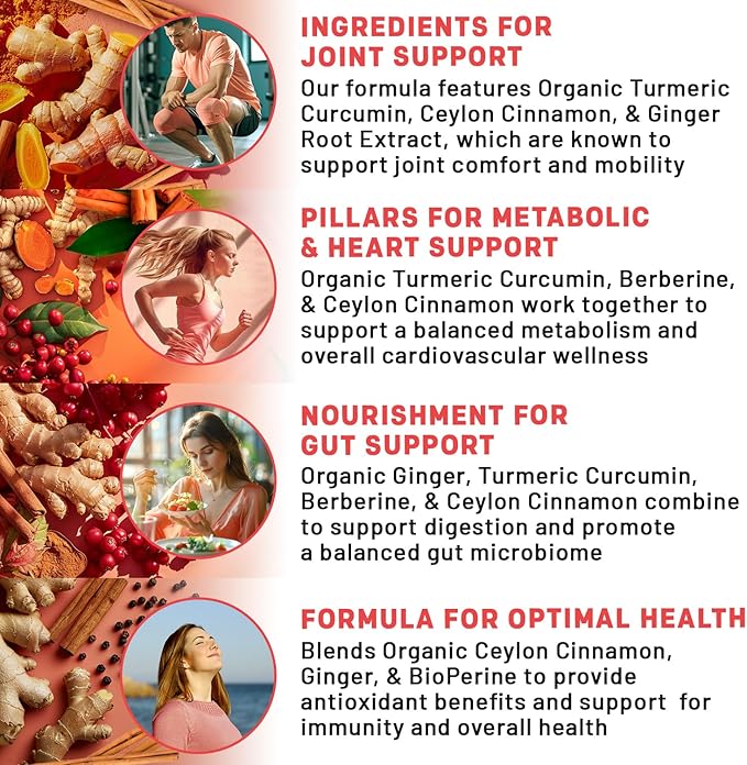 5-in-1 Organic Turmeric Curcumin Supplement (4210mg) with Berberine, Ceylon Cinnamon Bioperine and Ginger Supplements for Joint, Heart, Gut, & Metabolic Support (120 ct) (Pack of 2)