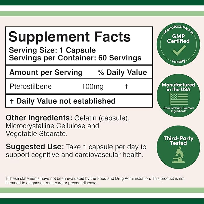 Pterostilbene Supplement 100mg Capsules (Third Party Tested) 60 Capsules, Superior to Resveratrol, Antioxidant for Longevity Support (Non-GMO, Gluten Free) by Double Wood