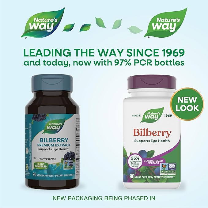 Nature's Way Bilberry Premium Extract, Supports Eye Health*, Eye Health Supplement for Adults with Black Elderberry*, Bilberry Supplement, Gluten Free, Vegan, 90 Capsules (Packaging May Vary)