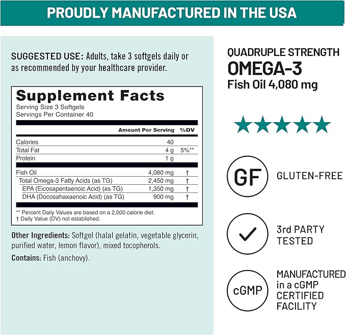 NatureWise Quadruple Strength Omega 3 Fish Oil 4080mg- Natural TG Form + Wild Caught - 2450mg Omega 3 + 1350mg EPA 900mg DHA - Burpless - Non-GMO & USA Manufactured - 120 Softgels[40 Day Supply]
