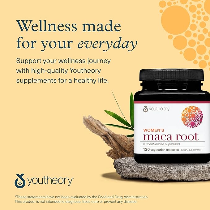 Youtheory Women's Maca Root - Vegan Energy & Menopause Support Supplement with Peruvian Ginseng* - Premium Supplement for Women - Dairy, Soy & Gluten Free - 120 Vegetarian Capsules