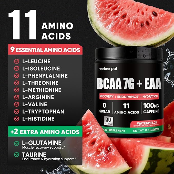 Sugar Free 7g BCAA + EAA Powder | Supports Muscle Recovery, Growth, Strength & Endurance – 9 Essential Amino Acids with L-Glutamine, Caffeine, Vitamin & Electrolyte for Energy & Hydration, Gluten Free
