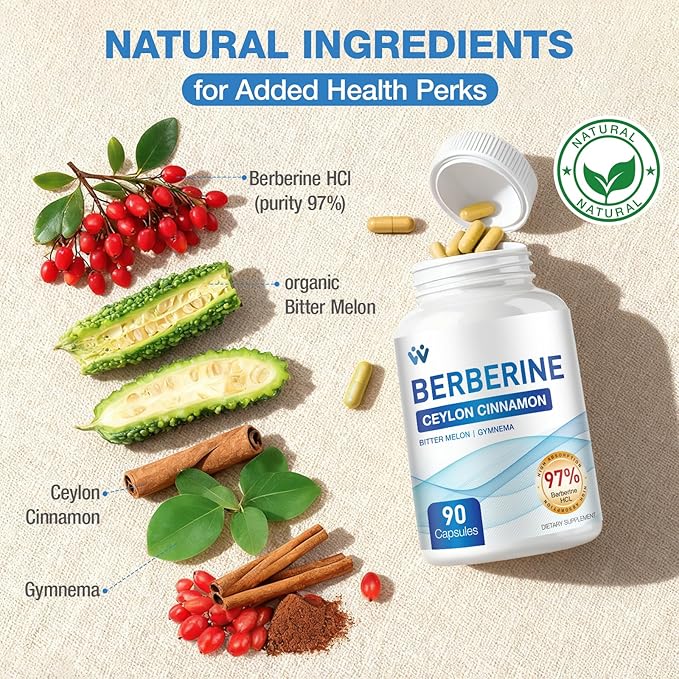 Berberine Supplement 1500mg - Berberine with Ceylon Cinnamon, Berberine HCl 97% Purity Complex Supplements, Non-GMO Vegan, 90 Capsules