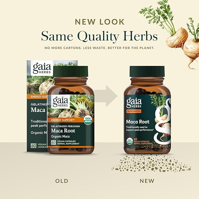 Gaia Herbs Maca Root - Caffeine-Free Energy Supplement - Traditionally Used to Support Healthy Energy & Stamina* - Made with Organic Maca Root (Lepidium meyenii) - 60 Vegan Capsules (60 Servings)