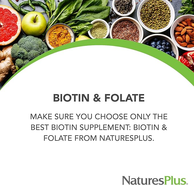 NaturesPlus Biotin & Folic Acid (Folate) - 30 Sustained Release Tablets - Vitamin B Complex for Energy, Beauty, Metabolism & Immune Health - Supports Healthy Skin, Nails & Hair - 30 Servings