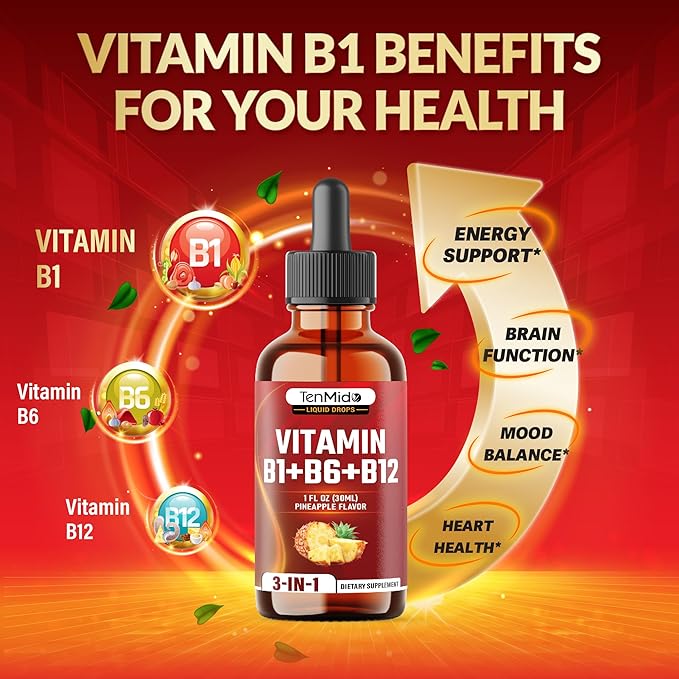 3-in-1 Vitamin B Complex Liquid Drops for Women & Men - with B1 Thiamine, B6 Pyridoxine, B12 Methylcobalamin - Alcohol-Free, Non-GMO - 30ml 1 Fl Oz