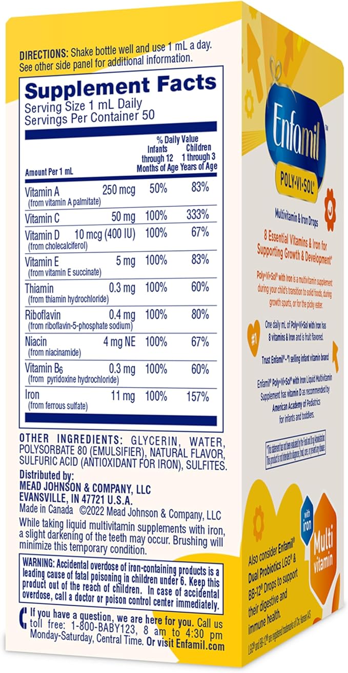 Enfamil Baby Vitamins Enfamil Poly-Vi-Sol 8 Multi-Vitamins & Iron Supplement Drops for Infants & Toddlers, Supports Growth & Development, 50 mL Dropper Bottle