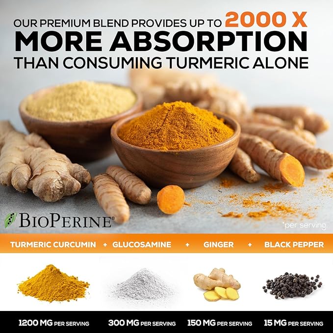 Turmeric Curcumin Supplement - 95% Curcuminoids with Glucosamine, Ginger & MSM, BioPerine Black Pepper Extract for Best Absorption, Natural Vegan Joint Support, Non-GMO, Bottled in USA - 60 Capsules