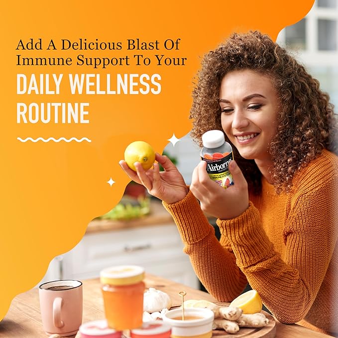 Airborne 750mg Vitamin C Gummies for Adults, Immune Support Gummies with Powerful Antioxidants VIT C & E, Caffeine Free - 2x63ct Bottle (42 Servings), Assorted Fruit Flavor