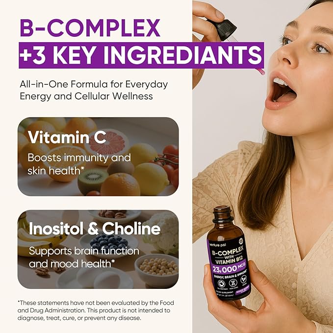 Venture Pal Vitamin B Complex Liquid Drops, B12 Methylcobalamin | B9 Folic | B1,B2,B3,B5,B6,B16 - Vitamin C, Choline, Inositol, Immune & Energy Metabolism, Brain & Heart Support
