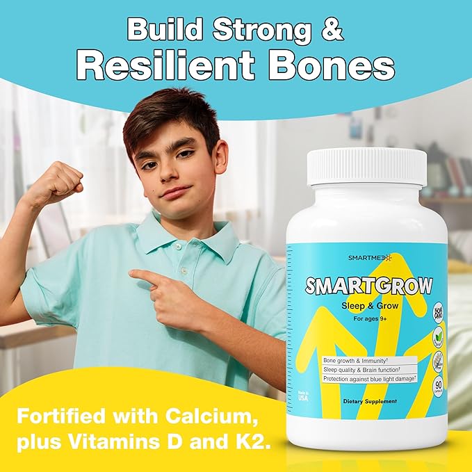 SmartGrow Premium Growth Formula for Teens – Bone, Brain, Sleep & Eye Support – Calcium, Vitamin D3, Amino Acids – Daily Wellness Supplement (180 Capsules) – 3 Month Supply