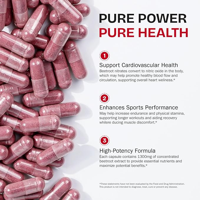 Beet Root Capsules 1300mg, Natural Organic Beetroot Powder Supplement Supports Healthy Blood Pressure and Heart Health, Energy & Endurance Support, Non-GMO, Vegan, 60 Count, 30-Day Supply