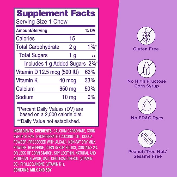 Viactiv Calcium + Vitamin D Supplement Soft Chews for Women & Men - Chewable Calcium for Bone Health Support, 650 mg per Serving, Vitamin D & K for High Absorption - 180 Count, Milk Chocolate