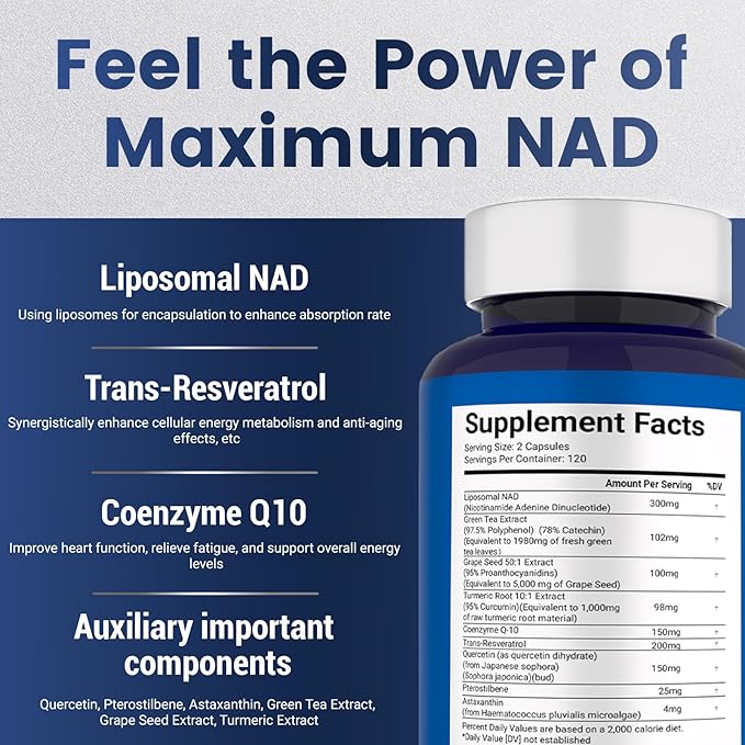 NAD+ Supplement 120 Capsules – Liposomal NAD+ with Resveratrol for Cellular Energy & Daily Vitality – High Absorption Formula for Men & Women – Vegan, Non-GMO, Gluten-Free