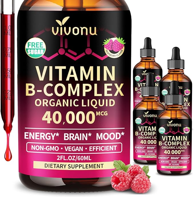 VivoNu Vitamin B Complex Liquid Drops, Methylated Vitamin B12 6000 mcg, B1, B6, B3, B5, B2, Folate, Biotin with Vitamin C D A E, Magnesium, Zinc, CoQ10 for Energy (4 Bottle)