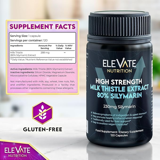 ELEVATE NUTRITION Milk Thistle - 288 mg, 80% Silymarin Extract - 120 Vegan Capsules - Dietary Health Supplement - Helps Maintain Liver Function & Digestive Comfort