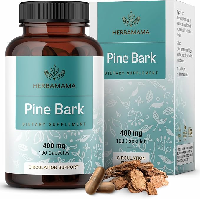 HERBAMAMA Pine Bark Extract Capsules - 400mg French Maritime Pine Bark Extract Powder for Antioxidant Support - Vegan, Non-GMO Pinus Pinaster Supplement