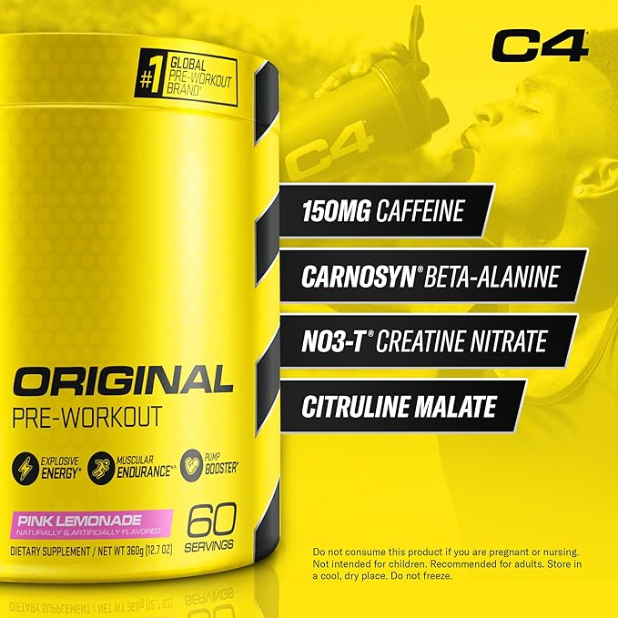 C4 Original Pre Workout Powder Pink Lemonade Vitamin C for Immune Support Sugar Free Preworkout Energy for Men & Women 150mg Caffeine + Beta Alanine + Creatine 60 Servings