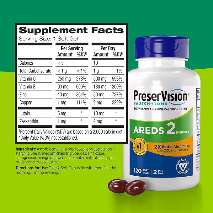 PreserVision AREDS 2 Eye Vitamin & Mineral Supplement with OCUSorb,120 Vegan Soft Gels,Contains Lutein,Zeaxanthin,Vitamin C & E,Zinc,&-Copper,Eye Health Supplements for Adults,(Pack of 2)
