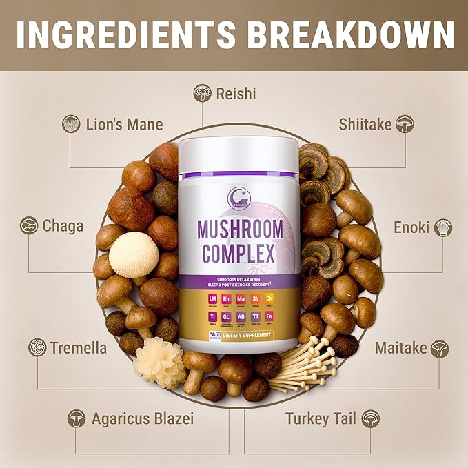 LEGRANO Premium Evening Mushroom Supplement Capsules with Lion’s Mane, Reishi Mushroom, Turkey Tail, Chaga, Ashwagandha, L-Theanine, Vitamins & Minerals – Adaptogenic Mushrooms for Relaxation & Sleep
